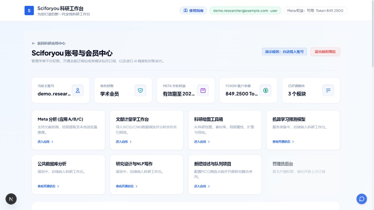 SciForYou 账号与会员中心的账号状态和工具入口