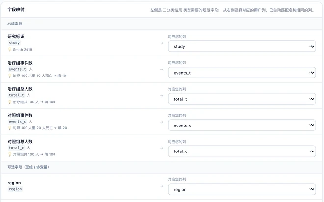 App C 第 2 步字段映射:左侧是二分类结局需要的规范字段(研究标识、两组事件数与总人数),右侧逐项选择对应的数据列